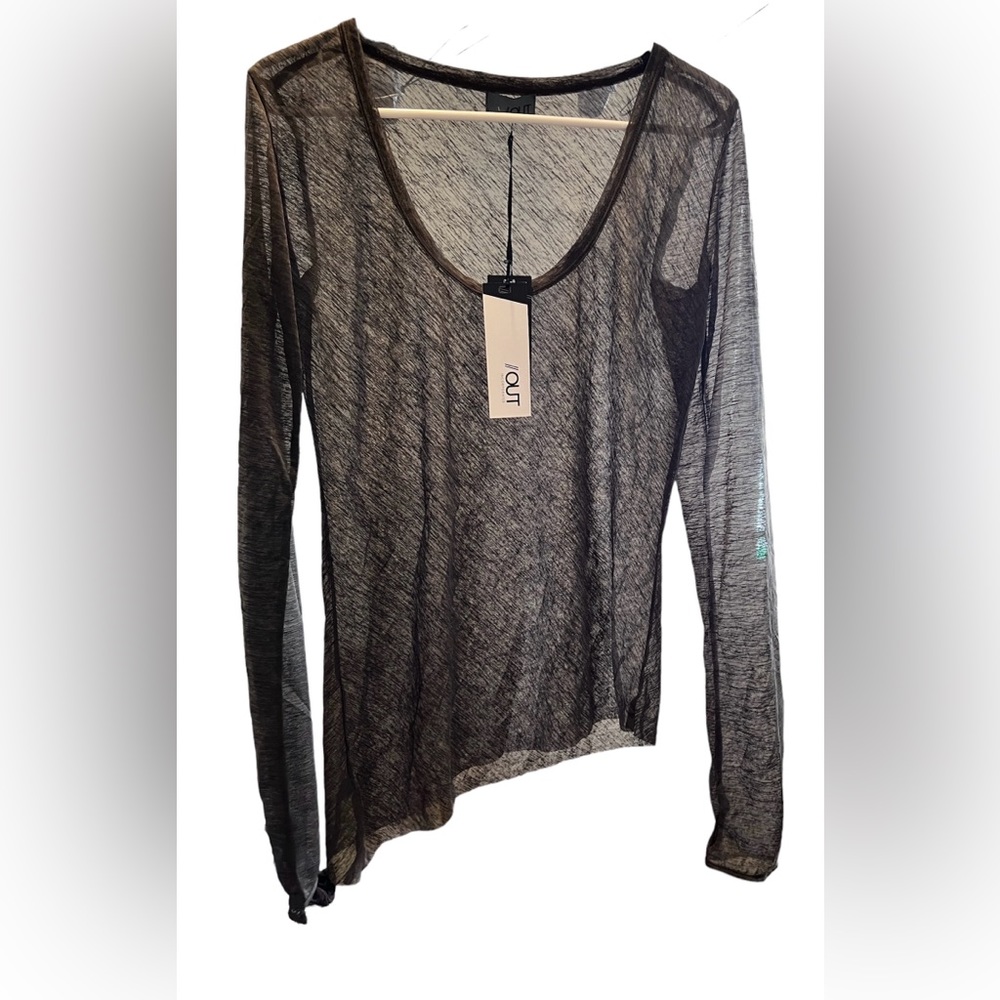 Outlin corporated Women's Mesh Asymmetrical sheer long sleeve top